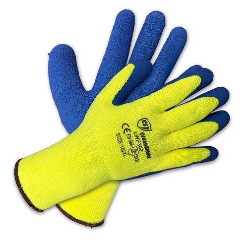 Latex 1/2 Coated Thermal Winter Gloves. Blue On Green