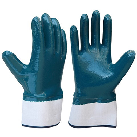 Nitrile Fully Coated Gloves, With Safety Cuff. Blue.